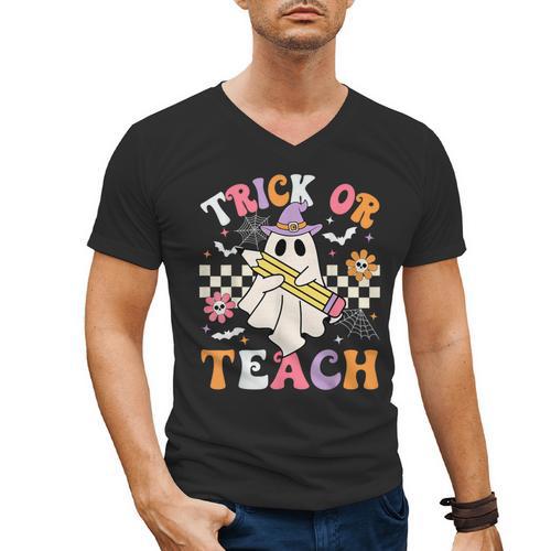 Trick Or Teach Groovy Teacher Halloween Retro Teacher Ghost Men's V-Neck T-Shirt - teacherstshirts.com UK