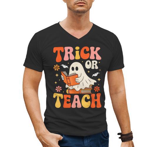Trick Or Teach Halloween Shirt For Teacher Kids Floral Ghost Men's V-Neck T-Shirt - teacherstshirts.com AU