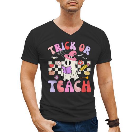Trick Or Teach Halloween Teacher Floral Ghost Groovy Men's V-Neck T-Shirt - teacherstshirts.com
