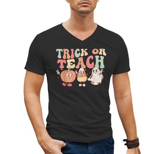 Trick Or Teach Pumpkin Candy Corn Ghost Halloween Teacher Men's V-Neck T-Shirt - teacherstshirts.com CA