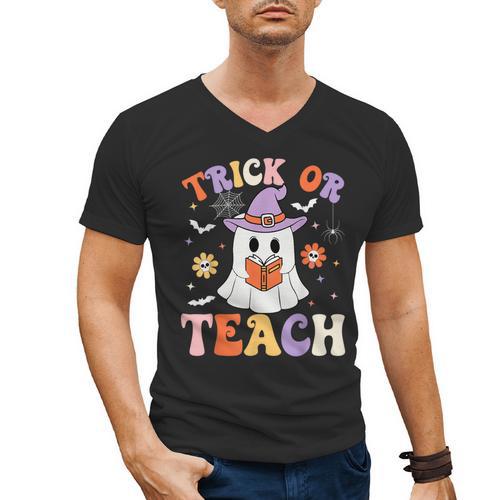 Trick Or Teach Teacher Groovy Ghost Halloween Teacher Men's V-Neck T-Shirt - teacherstshirts.com UK