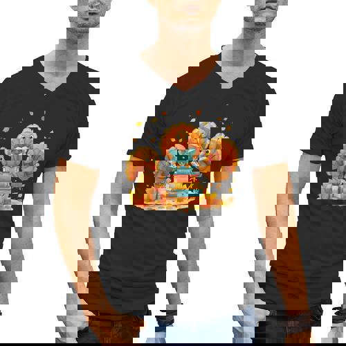 Turkey Read Books Reading Fall Thanksgiving Teacher Men&#x27;s V-Neck T-Shirt - teacherstshirts.com