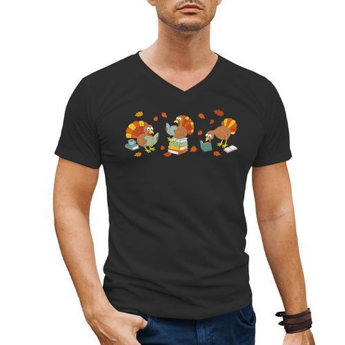 Turkey Reading Books Fall Thanksgiving Teacher Book Lovers Men's V-Neck T-Shirt - teacherstshirts.com UK