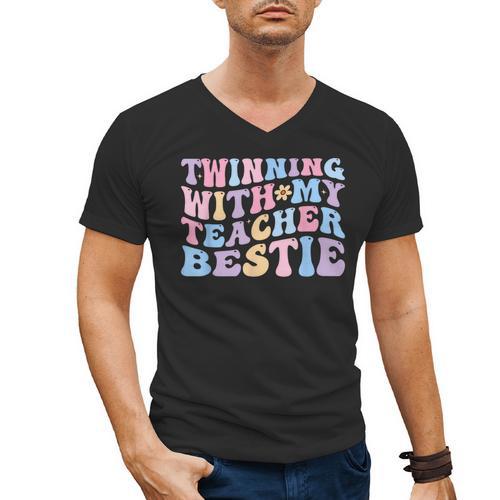 Twinning With My Teacher Bestie Teaching Partner Men's V-Neck T-Shirt - teacherstshirts.com AU