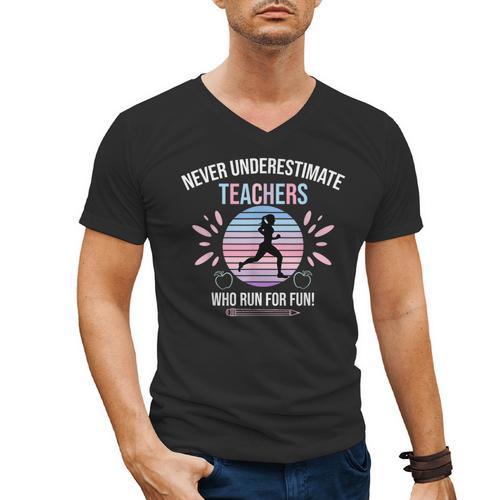 Never Underestimate Teachers Who Runs For Fun Men's V-Neck T-Shirt - teacherstshirts.com AU