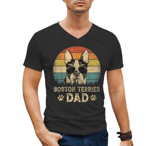 Vintage Boston Terrier Dad Dog Lovers Father's Day Tee Men's V-Neck T-Shirt - Bostonterriersmerch.com