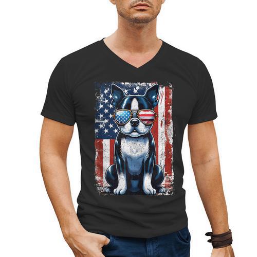 Vintage Boston Terrier Dog American USA US Flag Pets Lovers Men's V-Neck T-Shirt - Bostonterriersmerch.com