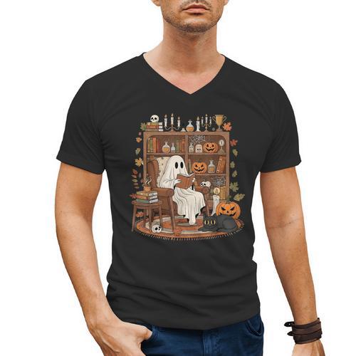 Vintage Ghost Book Reading Pumpkin Gothic Halloween Teachers Men's V-Neck T-Shirt - teacherstshirts.com UK