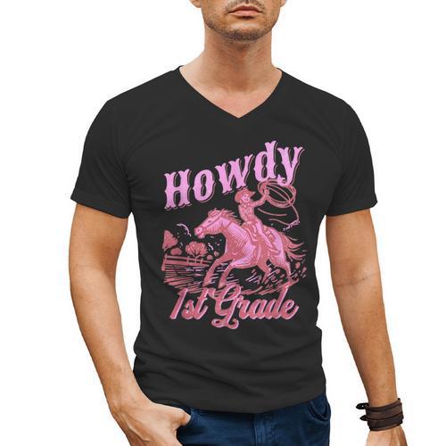Vintage Howdy First Grade Cowgirl Teacher Western School Men's V-Neck T-Shirt - teacherstshirts.com UK