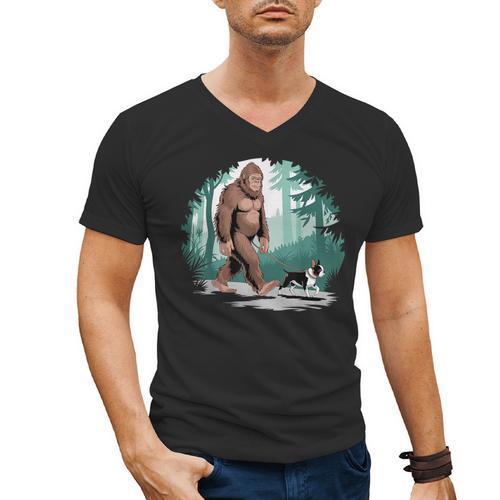 Whimsical Forest Adventures Sasquatch Bigfoot Walking Boston Terrier Dog Lovers Men's V-Neck T-Shirt - Bostonterriersmerch.com