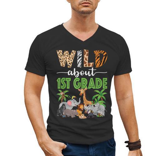 Wild About 1st Grade Teacher Student First Grade Zoo Safari Men's V-Neck T-Shirt - teacherstshirts.com UK