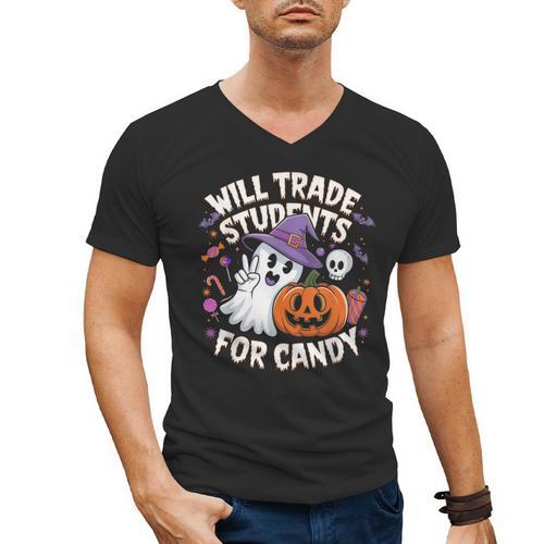 Will Trade Students For Candy Halloween Teacher Men's V-Neck T-Shirt - teacherstshirts.com