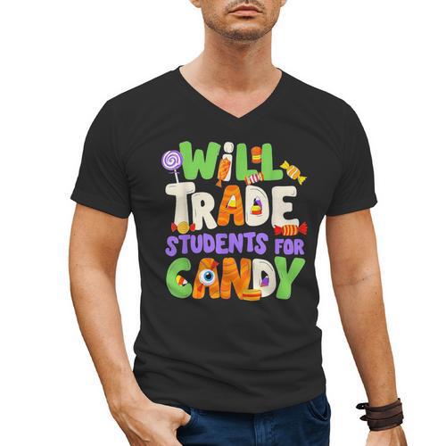 Will Trade Students For Candy Teacher Cute Halloween Costume Men's V-Neck T-Shirt - teacherstshirts.com AU