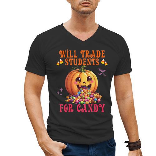 Will Trade Students For Candy Teacher Cute Halloween Pumpkin Men's V-Neck T-Shirt - teacherstshirts.com