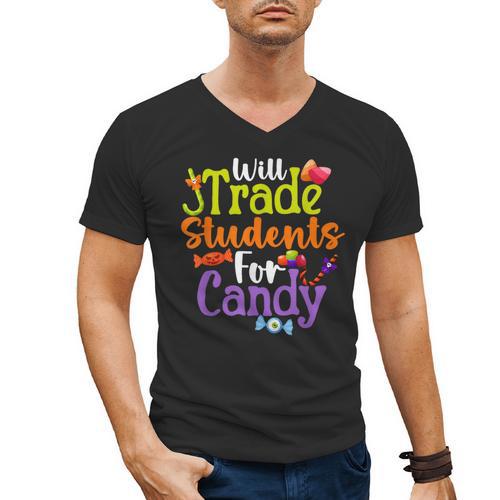 Will Trade Students For Candy Teacher Halloween Costume Men's V-Neck T-Shirt - teacherstshirts.com
