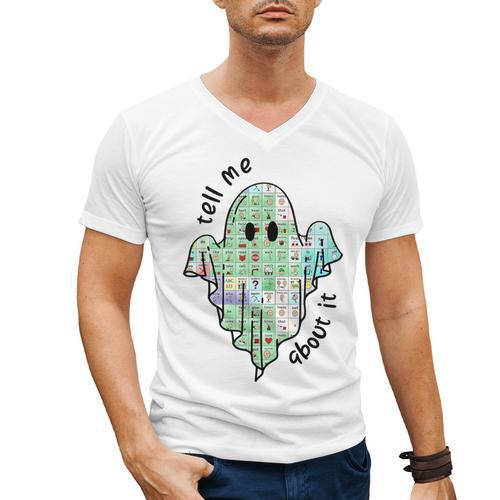 AAC Ghost Tell Me About It Speech Pathology AAC Sped Teacher Men's V-Neck T-Shirt - teacherstshirts.com DE