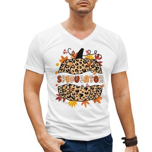 Autumn Fall SPED ED Teacher Thankful Grateful Pumpkin Retro Men's V-Neck T-Shirt - teacherstshirts.com