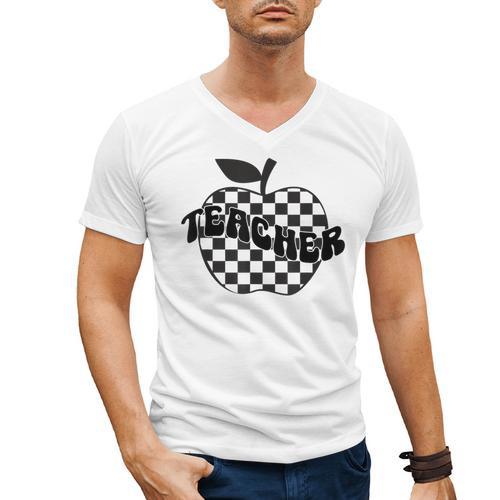 Back To School Checkered Apple Teacher Checkerboard Teacher For Men Women Girls Kids Men's V-Neck T-Shirt - teacherstshirts.com CA
