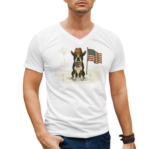 Boston Terrier 4th Of July US American Flag Dog Patriotic Men's V-Neck T-Shirt - Bostonterriersmerch.com