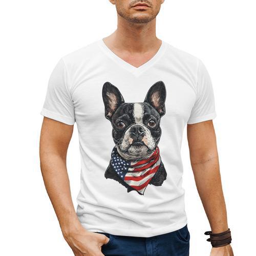 Boston Terrier American Flag Men's V-Neck T-Shirt - Bostonterriersmerch.com