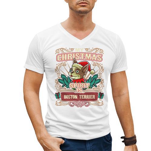 Boston Terrier My Christmas Spirit Dog Santa Claus X-Mas Men's V-Neck T-Shirt - Bostonterriersmerch.com