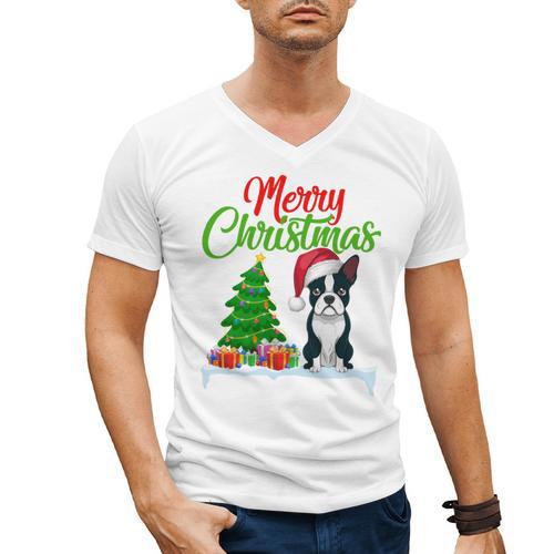 Boston Terrier Christmas Tree Lights Xmas Dog Lover Men's V-Neck T-Shirt - Bostonterriersmerch.com