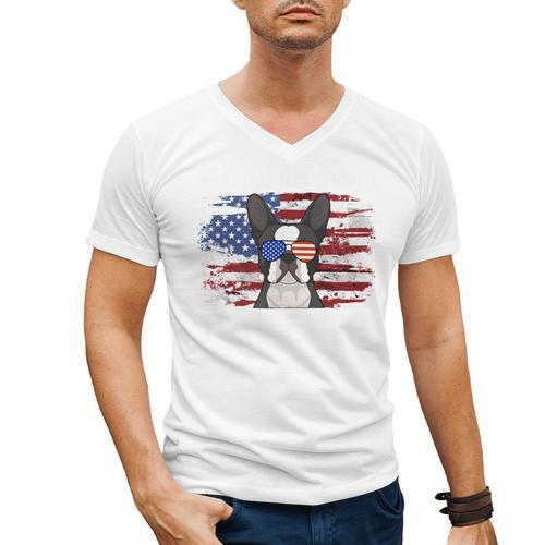 Boston Terrier Dad American Flag 4th Of July Dog Fathers Day Men's V-Neck T-Shirt - Bostonterriersmerch.com