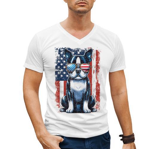 Boston Terrier Dog American USA US Flag Pets Vintage Outfit Men's V-Neck T-Shirt - Bostonterriersmerch.com