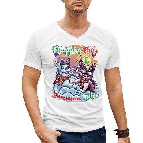 Boston Terrier Dog Christmas Snowman Winter Snow Men's V-Neck T-Shirt - Bostonterriersmerch.com