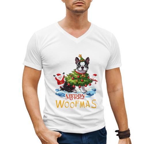 Boston Terrier Merry Christmas Tree Lights Dog X-Mas Dogs Men's V-Neck T-Shirt - Bostonterriersmerch.com