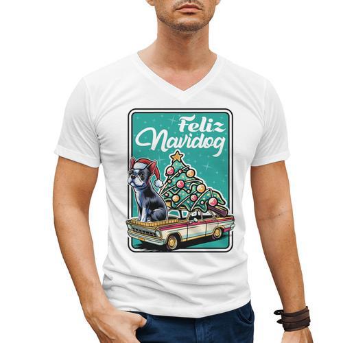 Boston Terrier Merry Christmas Tree Truck Dog X-Mas Men's V-Neck T-Shirt - Bostonterriersmerch.com