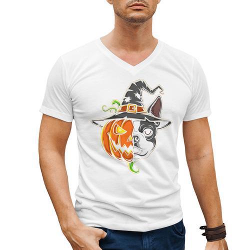 Boston Terrier Pumpkin Jack O Lantern Halloween Men's V-Neck T-Shirt - Bostonterriersmerch.com AU