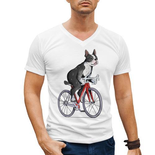 Boston Terrier Riding Bicycle Cute Bostie Biker Raglan Baseball Tee Men's V-Neck T-Shirt - Bostonterriersmerch.com
