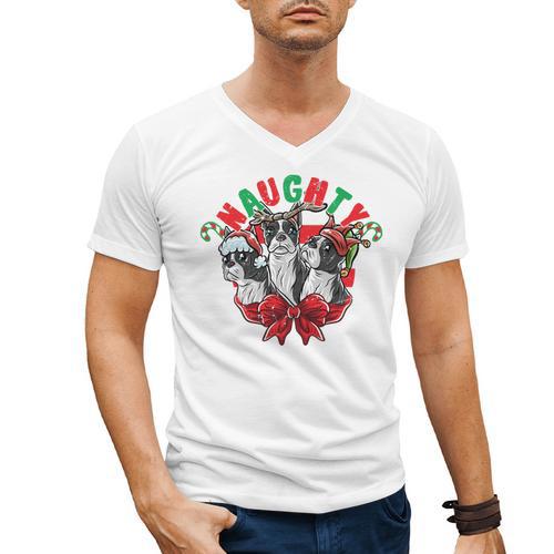 Boston Terrier Santa Claus Elf Reindeer Christmas Dog X-Mas Men's V-Neck T-Shirt - Bostonterriersmerch.com
