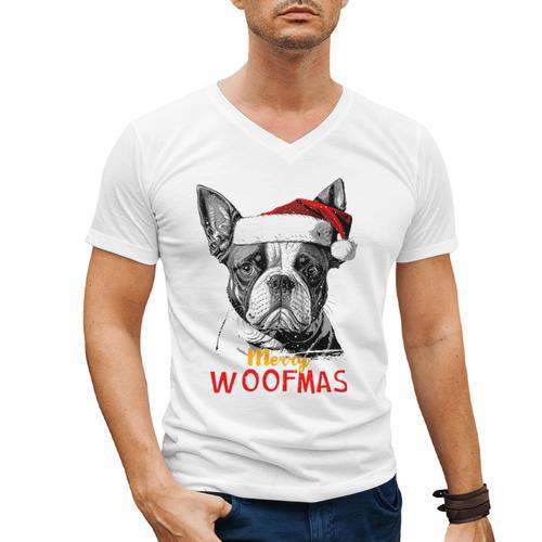 Boston Terrier Santa Claus Hat Merry Christmas Dog X-Mas Men's V-Neck T-Shirt - Bostonterriersmerch.com