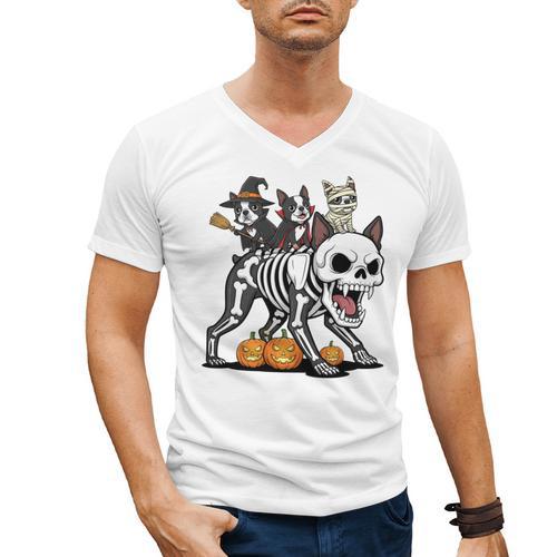 Boston Terrier Skeleton Mummy Witch Halloween Men's V-Neck T-Shirt - Bostonterriersmerch.com CA