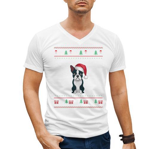 Boston Terrier Wearing Santa Hat Ugly Xmas Dog Lovers Men's V-Neck T-Shirt - Bostonterriersmerch.com