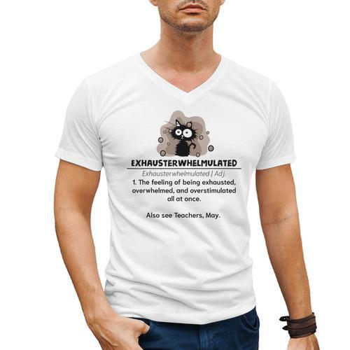 Cat Exhausted Teacher Exhausterwhelmulated Definition Men's V-Neck T-Shirt - teacherstshirts.com UK