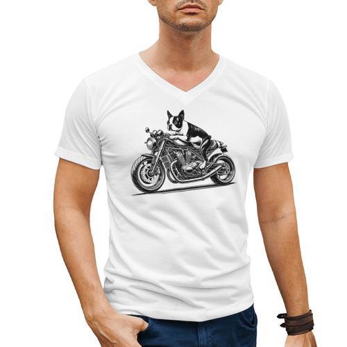 Cool Boston Terrier Riding a Motorcycle Biker Dog Lover For Men Women Kids Men's V-Neck T-Shirt - Bostonterriersmerch.com