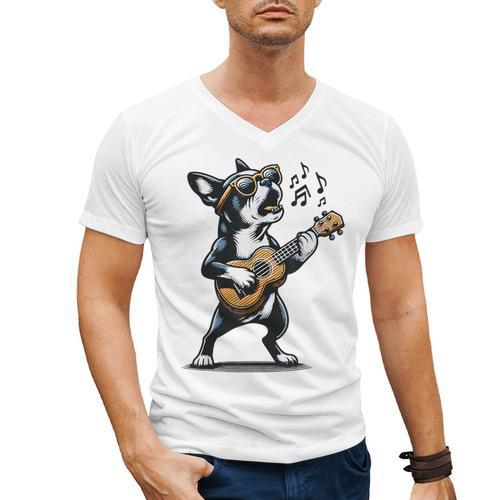 Dog Playing Guitar Singing Boston Terrier For Men Women Girls Kids Men's V-Neck T-Shirt - Bostonterriersmerch.com UK