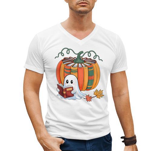 Fall Book Pumpkin Books Ghost Reading Halloween Teacher Men's V-Neck T-Shirt - teacherstshirts.com DE