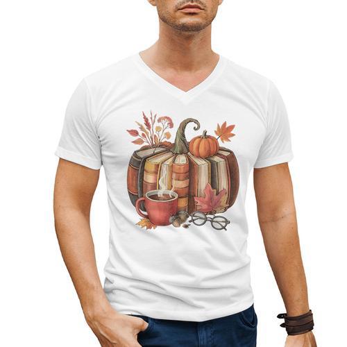 Fall Book Pumpkin Retro Reading Halloween Teacher Men's V-Neck T-Shirt - teacherstshirts.com DE