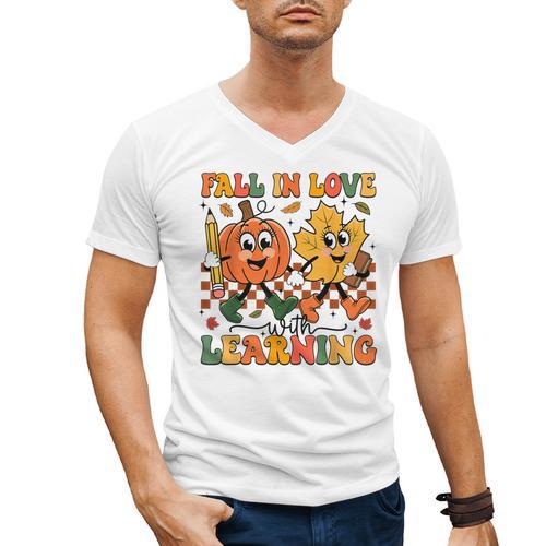 Fall In Love With Learning Thanksgiving Teacher Student Men's V-Neck T-Shirt - teacherstshirts.com AU