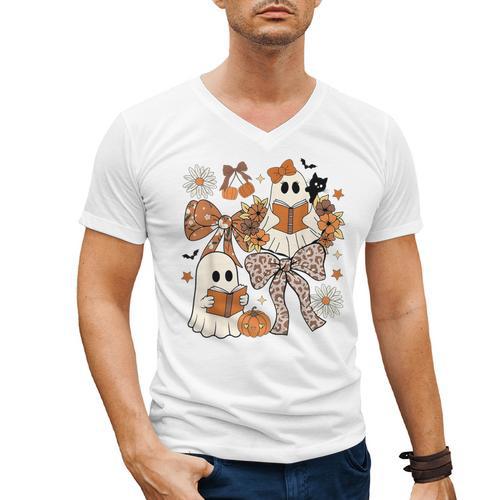 Ghost Reading Books Halloween Bow Spooky Teacher Student Men's V-Neck T-Shirt - teacherstshirts.com DE