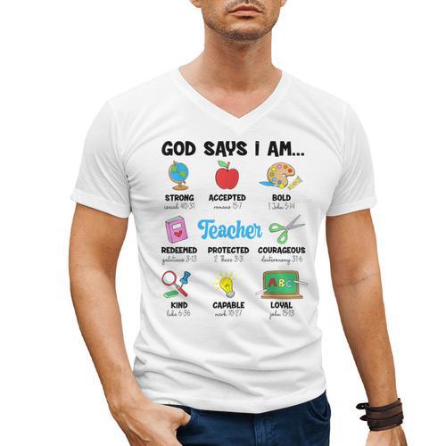 God Says Im Teacher Christian Back To School Religious Men's V-Neck T-Shirt - teacherstshirts.com DE