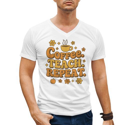 Groovy Coffee Teach Repeat Retro Teacher Men's V-Neck T-Shirt - teacherstshirts.com UK