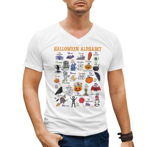 Halloween Alphabet ABCs Learning Kindergarten Teacher Men's V-Neck T-Shirt - teacherstshirts.com AU