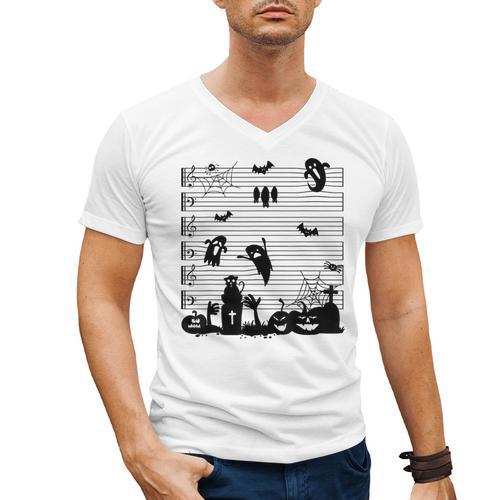 Halloween Music Note Clefs Spooky Ghost For Music Teacher Men's V-Neck T-Shirt - teacherstshirts.com