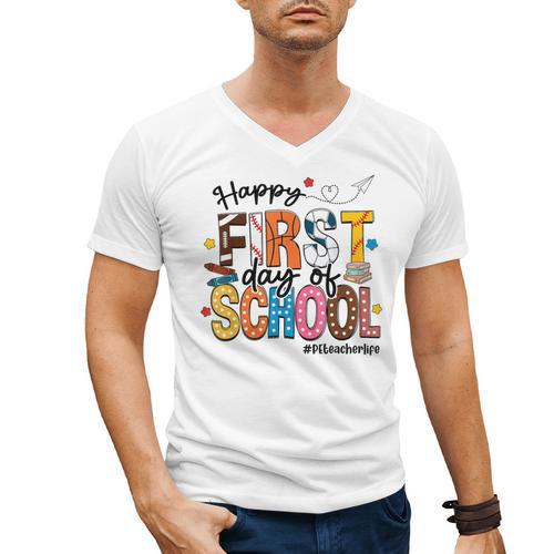 Happy First Day Of School PE Teacher Life Back To School Men's V-Neck T-Shirt - teacherstshirts.com AU