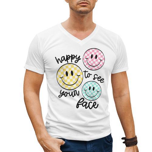 Happy To See Your Face Smile Face Teacher Back To School Men's V-Neck T-Shirt - teacherstshirts.com